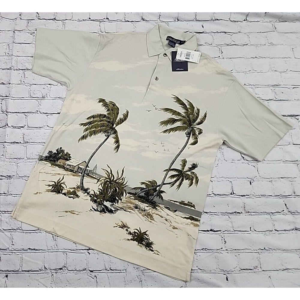 NWT Nautica Polo Shirt Sz M Mens Silk Blend Palm Tree AOP All Over Print